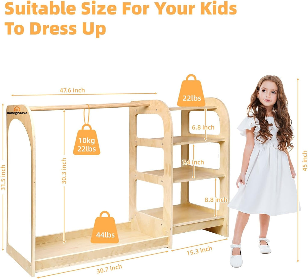 homegroove Kids Dress Up Storage with Mirror, 31.5 Inch Kids Wardrobe Closet with Storage Shelf for Little Girls and Boys, Wooden Costume Organizer for Bedroom Classroom Playroom Furniture