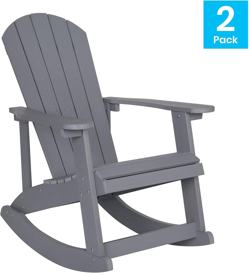 Flash Furniture Set of 2 Savannah Adirondack Rocking Chairs and Charlestown Adirondack Chair, 350-lb Capacity, Polyresin Wood Style, Gray