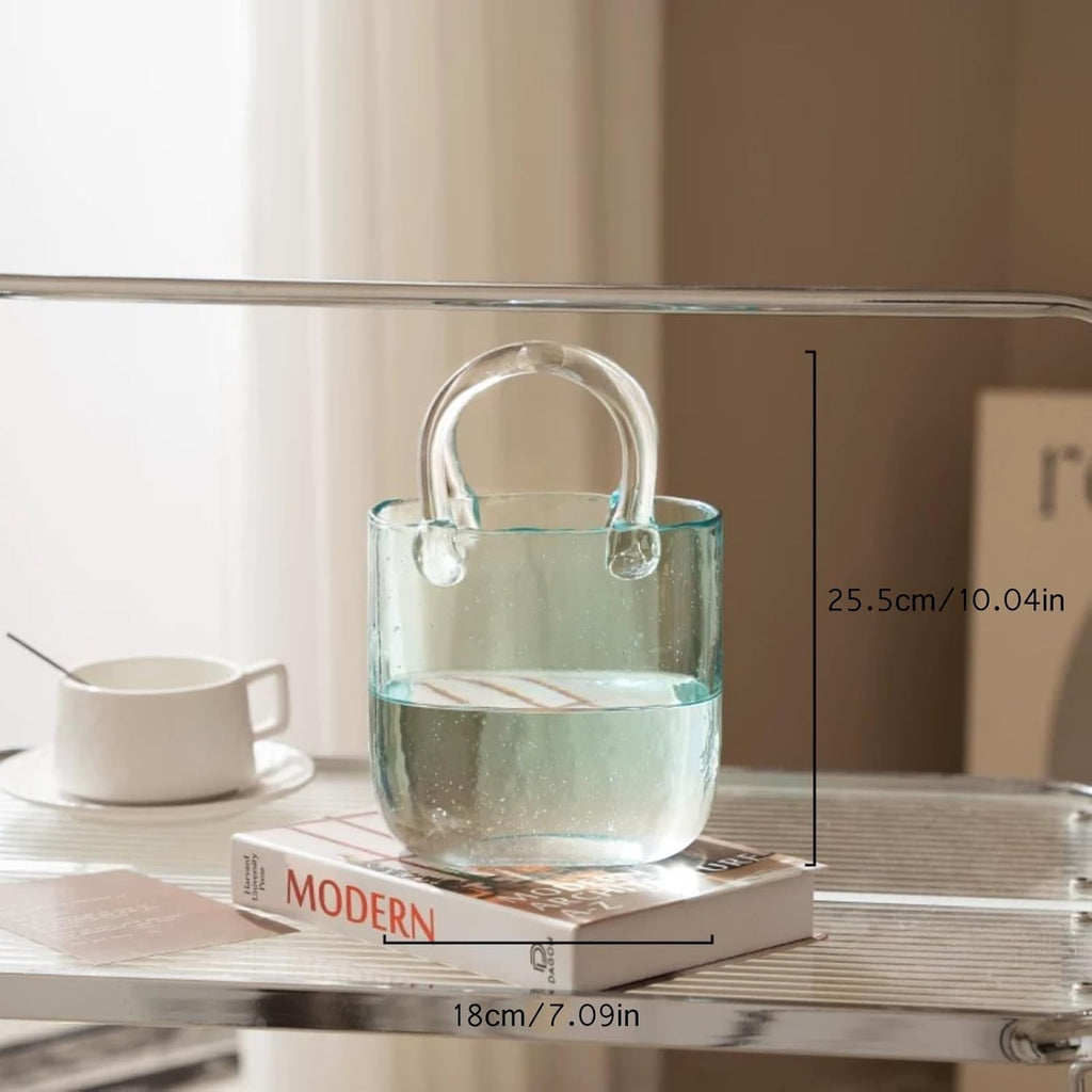 Glass Purse Vase, Handbag-Shaped Flower Vase with Handle, Clear Glass Vases for Home Décor, Weddings, Events, Office, or Table Centerpieces ﻿(Blue)
