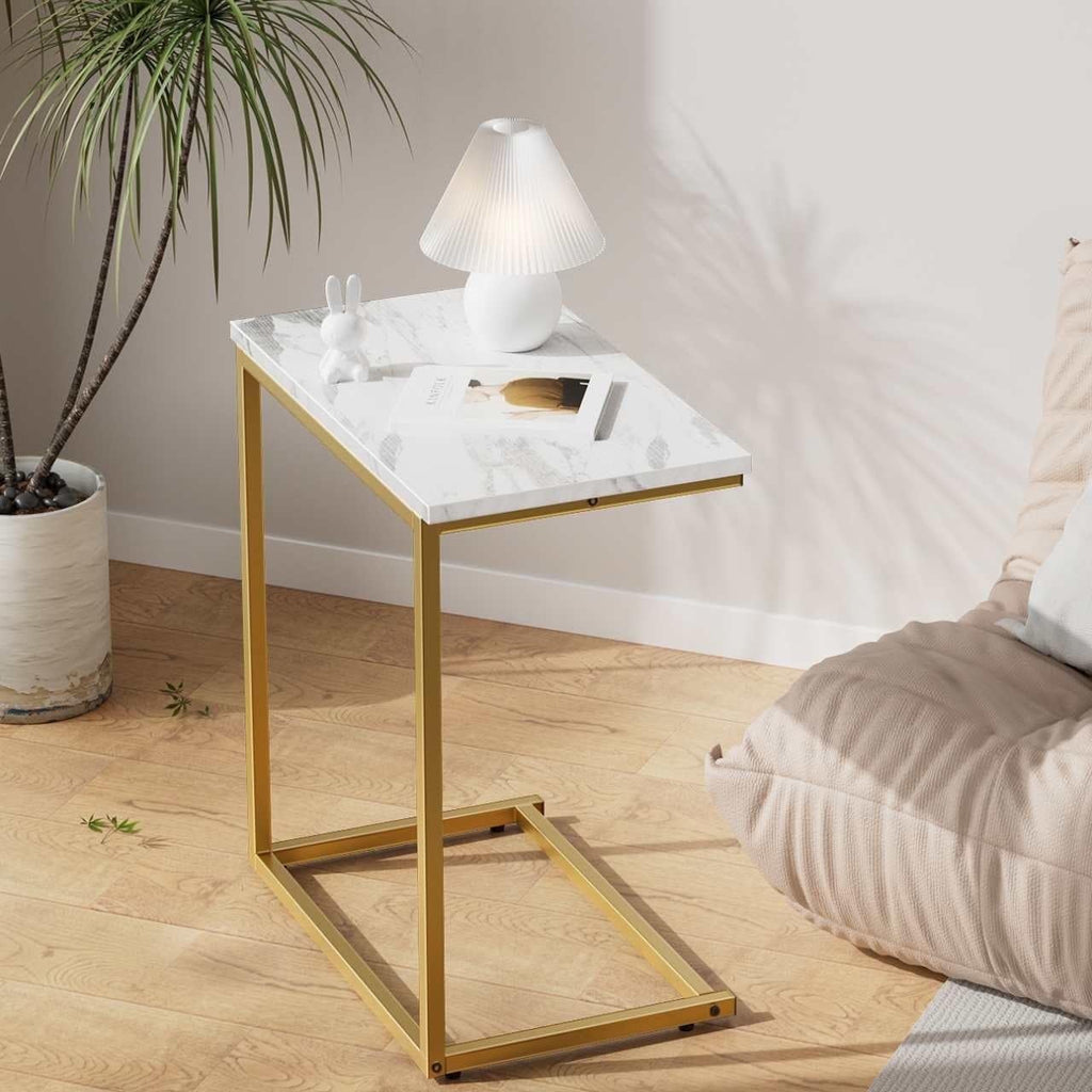 PERLECARE C Shaped End Table, Vintage Side Table for Couch, Laptop, Coffee, Snack, Sofa Side End Table C Shape for Living Room, 27"(H) x 19.7"(W) x 12.6"(D), Marble