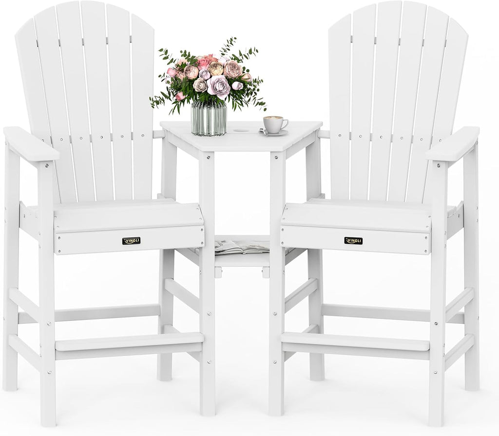 VINGLI Tall Adirondack Chairs Set of 2, All Weather HDPE Bar Height Adirondack Chair with Double Trays, Adirondack Barstools for Balcony, Poolside, Backyard and Patio (White)