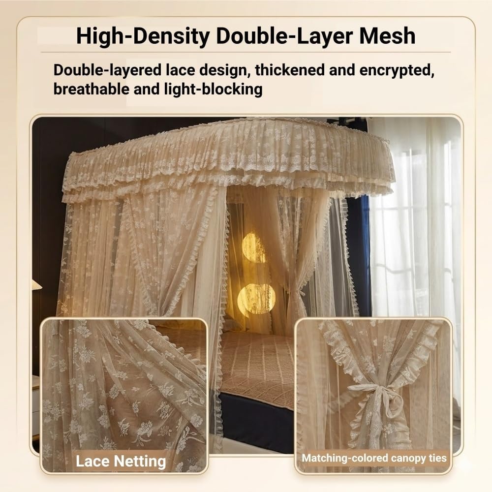 U-Shaped Rail Bed Canopy Curtain, Double Layer Bed Curtain, Princess Bed Canopy, 3 Opening Mosquito Net, Cozy Drape Netting for Bedroom Decoration(Khaki,70.9x86.6in)