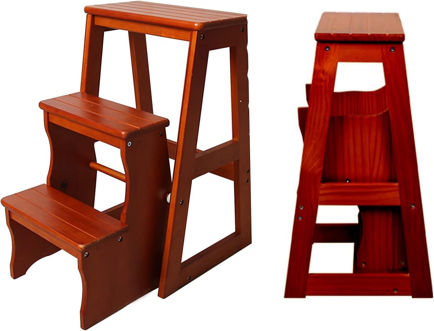 3 Step Solid Wood Folding Ladder Chair Portable Wooden Step Stool for Adults Office Home Kitchen Outdoor(Burgundy,77cm)