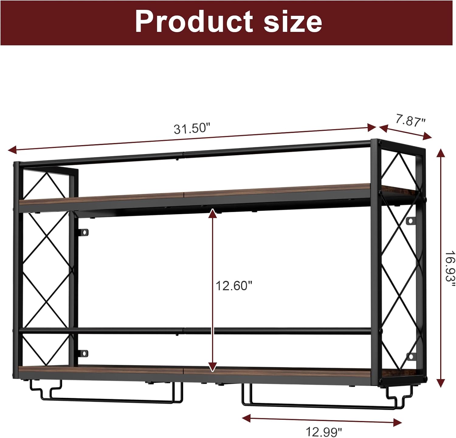 Wine Rack Wall Mounted 2 Tier Wall Wine Rack with Glass Holder, Double Layer Anti-Drop Crossbar, 31.5" Metal Wood Wall Mount Wine Holder for Home Kitchen Dining Room Coffee Shop Bar, Black