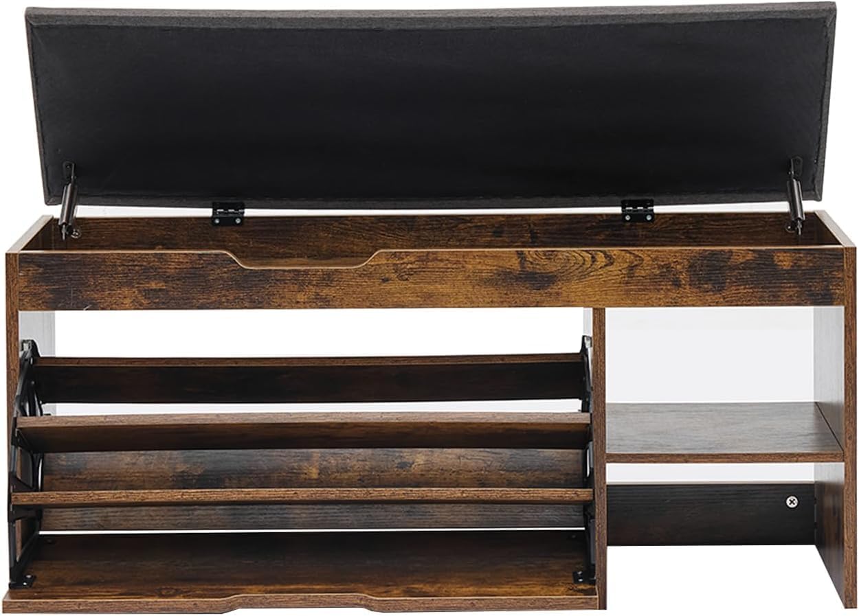Shoe Storage Bench with a Flip Drawer, Entryway Bench with Removable Cushion, Hallway & Mudroom Organizer with Seat, Front Door Shoe Rack Cabinet, Brown
