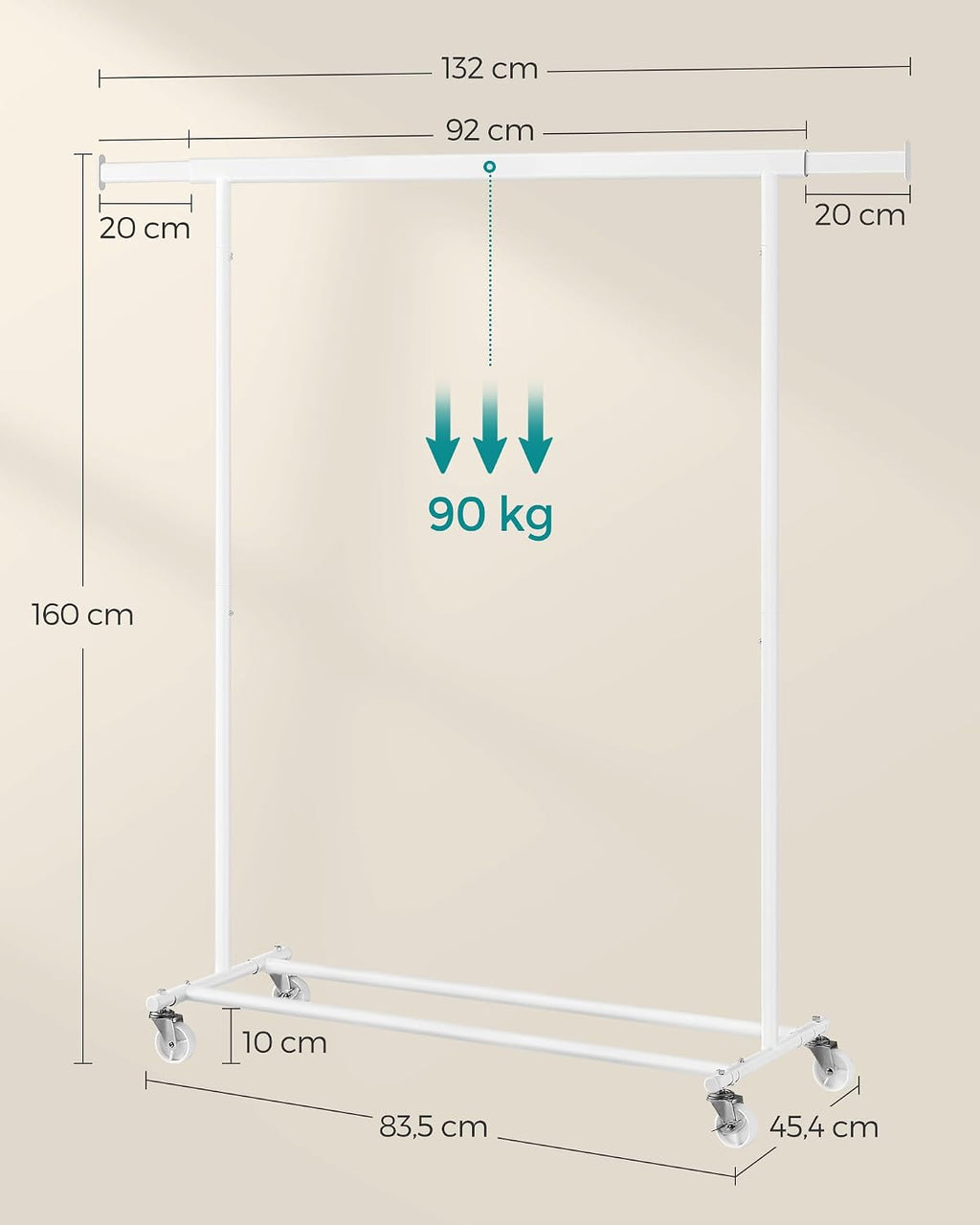SONGMICS Clothes Rack with Wheels, Extendable Heavy Load Rod, Coat Rack, Clothes Storage, 90 kg Load Capacity, Easy Assembly, Portable, Classic White HSR013W01