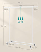 SONGMICS Clothes Rack with Wheels, Extendable Heavy Load Rod, Coat Rack, Clothes Storage, 90 kg Load Capacity, Easy Assembly, Portable, Classic White HSR013W01