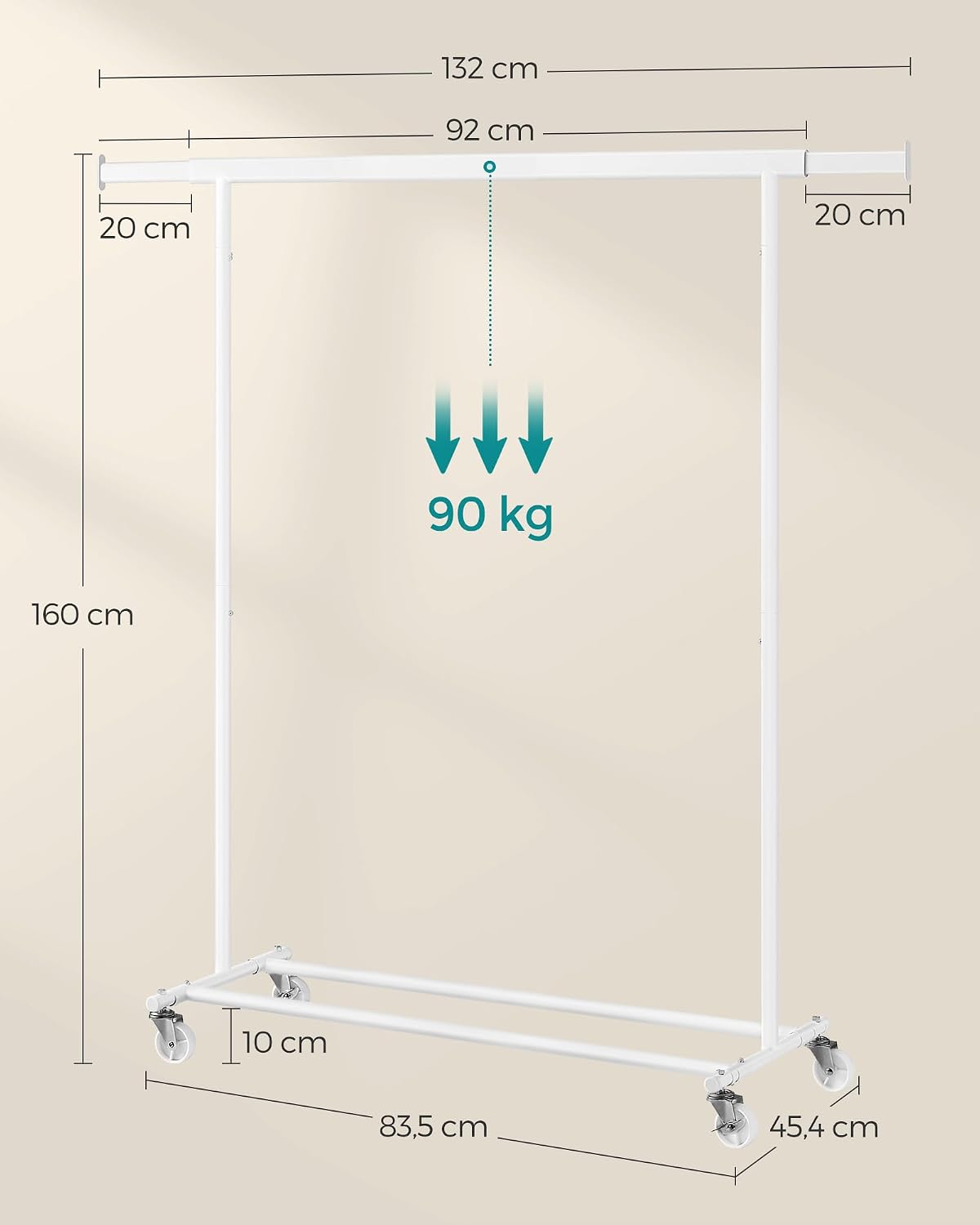 SONGMICS Clothes Rack with Wheels, Extendable Heavy Load Rod, Coat Rack, Clothes Storage, 90 kg Load Capacity, Easy Assembly, Portable, Classic White HSR013W01