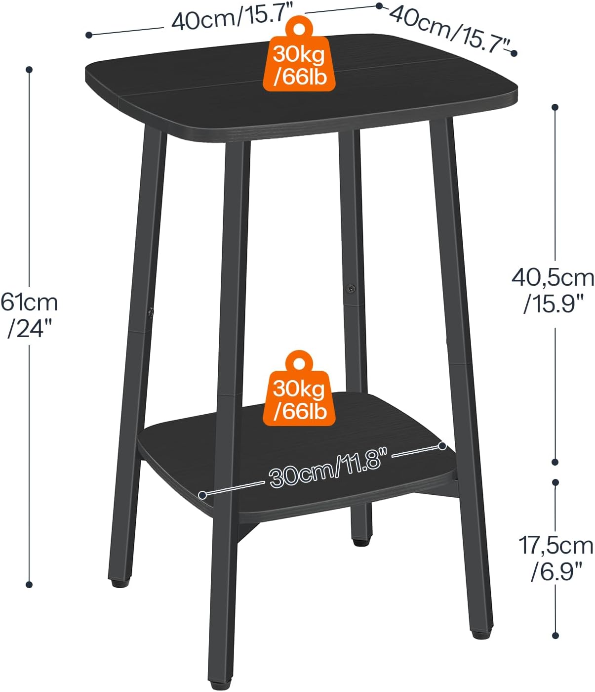 HOOBRO 2-Tier Square Side Table, Small Sofa End Table, Modern Simple Nightstand with Storage Shelves for Small Spaces, Living Room Bedroom Accent Table, 15.7" L x 15.7" W x 24" H, Black BB181BZ01
