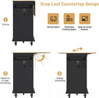 Hlivelood 59.1" Movable Kitchen Island with Drop Leaf and Power Outlet, Rolling Island Cart w/Storage Cabinet, Island Table on Wheels for Kitchen w/2 Drawers, Spice Rack, Towel Bar, Garage Hook, Black
