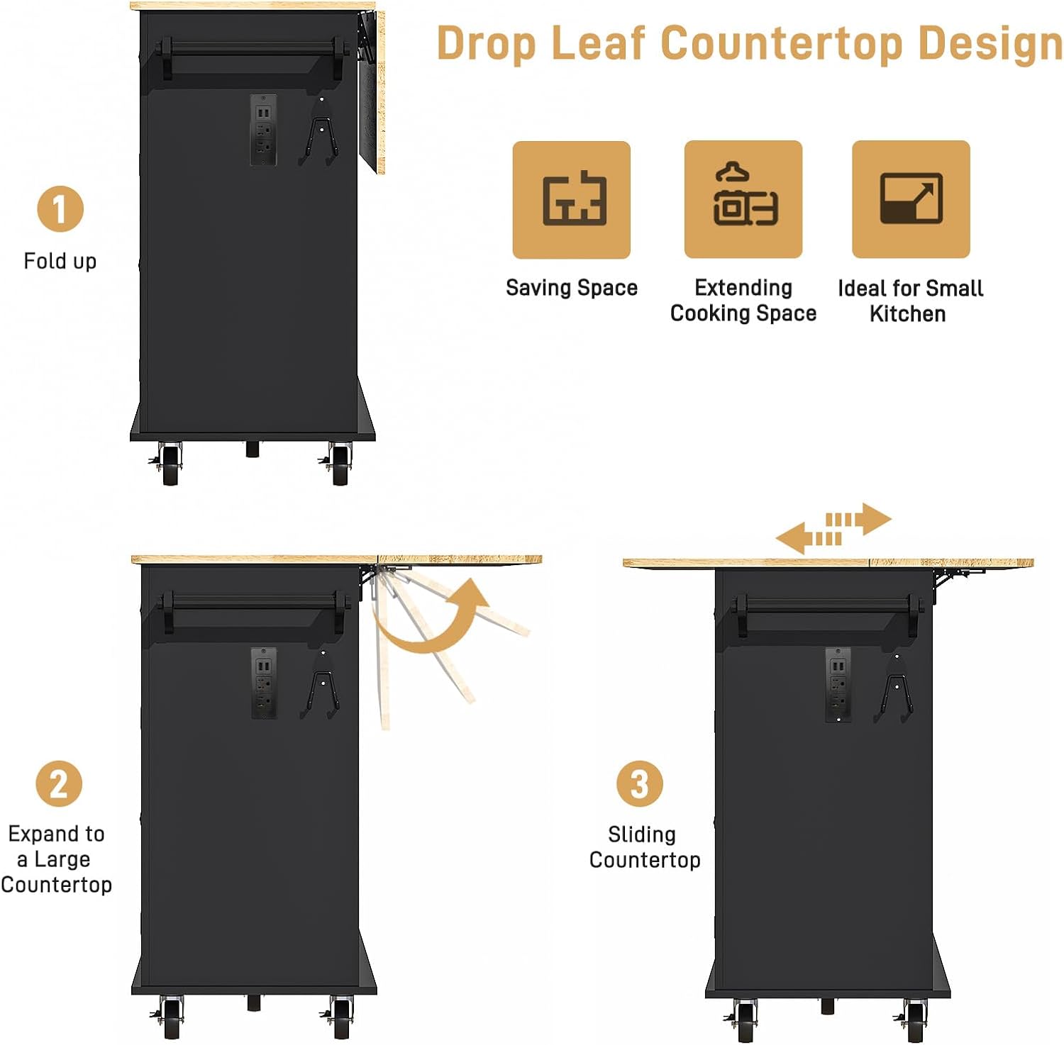 Hlivelood 59.1" Movable Kitchen Island with Drop Leaf and Power Outlet, Rolling Island Cart w/Storage Cabinet, Island Table on Wheels for Kitchen w/2 Drawers, Spice Rack, Towel Bar, Garage Hook, Black