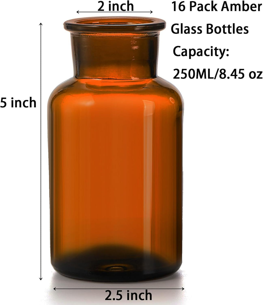 TOPZEA Set of 16 Amber Glass Bud Vases, 8.5 oz Small Brown Bud Vase Bulk Boho Glass Vase Decorative Medicine Bottle Vintage Apothecary Jar for Flower, Wedding Reception, Table Centerpieces, Home Decor