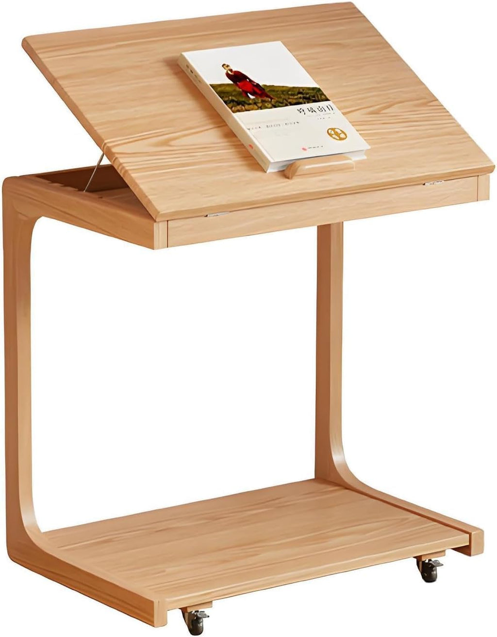 C Shaped Adjustable Solid Wood TV Tray Table with Wheels - Removable Side Tables for Couch, Ideal for Living Rooms and Bedrooms, Perfect for Narrow Spaces