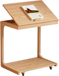 C Shaped Adjustable Solid Wood TV Tray Table with Wheels - Removable Side Tables for Couch, Ideal for Living Rooms and Bedrooms, Perfect for Narrow Spaces