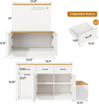 70.8" Farmhouse Kitchen Island with Charging Station, 3 Drawers & Cabinets, Large Small Combo Buffet Table with Adjustable Shelves, Butcher Block Countertop, Kitchen Dining Room, White
