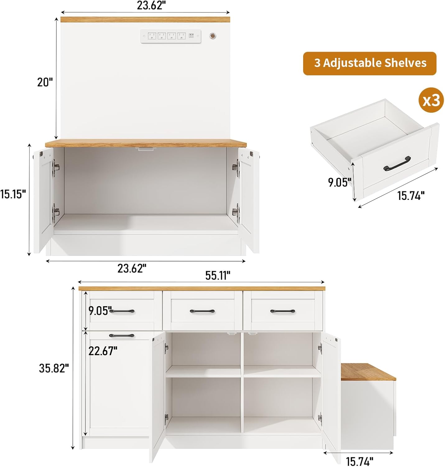 70.8" Farmhouse Kitchen Island with Charging Station, 3 Drawers & Cabinets, Large Small Combo Buffet Table with Adjustable Shelves, Butcher Block Countertop, Kitchen Dining Room, White