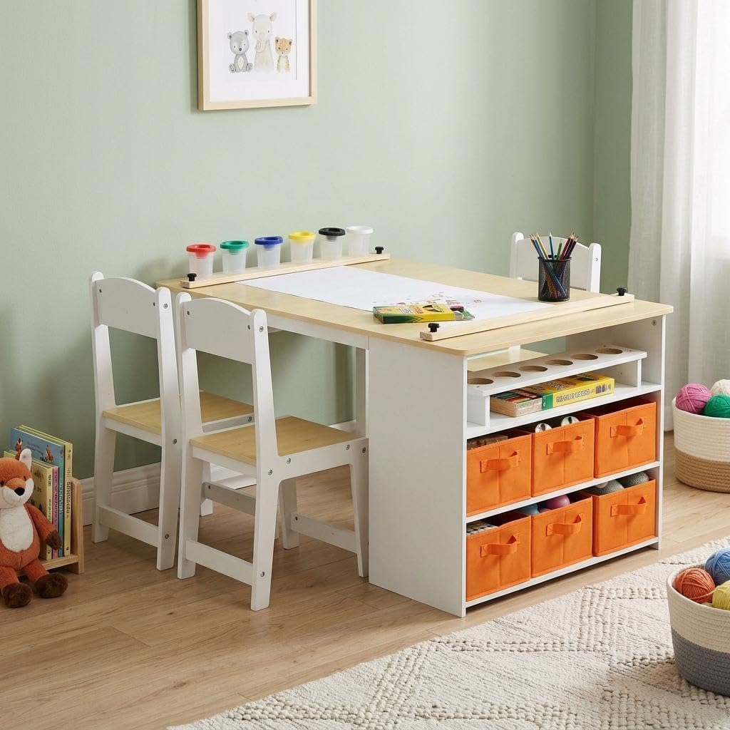 Garvee 4 in 1 Kids Art Table and Chair Set, Toddler Craft Table with Large Storage Drawers & Portable Art Organizer, Wooden Drawing Desk for Children, Activity Desk, Home Study Table & Toy Station