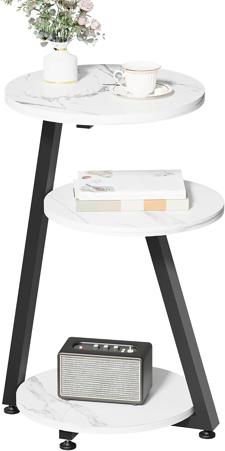 BEWISHOME Round End Table Marble Side Table with Metal Frame, Small Nightstand with 3-Tier Shelves, Night Stand for Living Room Bedroom Tall Black KTZ41H