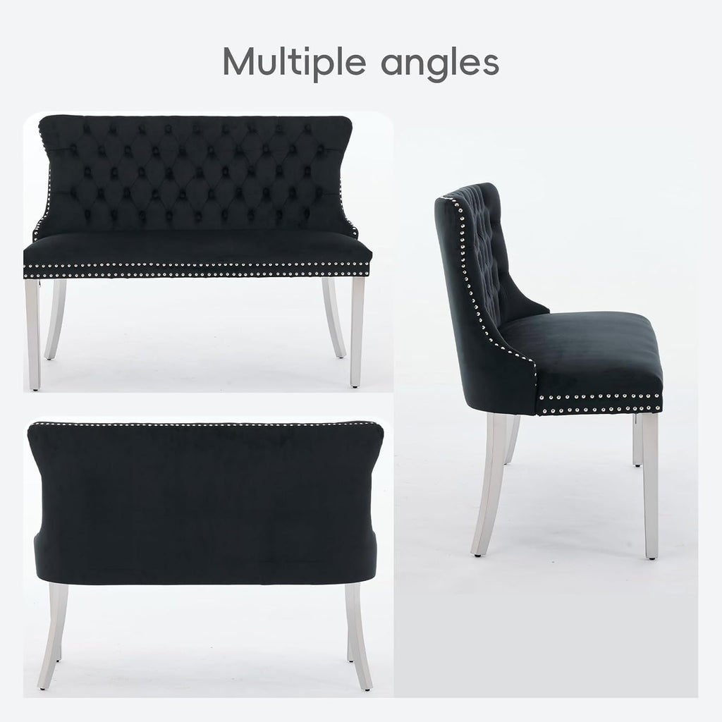 Velvet Double Dining Loveseat Bench with Wing Back, Tufted Upholstered 2-Seat Design,Silver Stainless Steel Legs, Modern Mid-Century Accent Seating for Dining Room, Kitchen, or Entryway (Black)