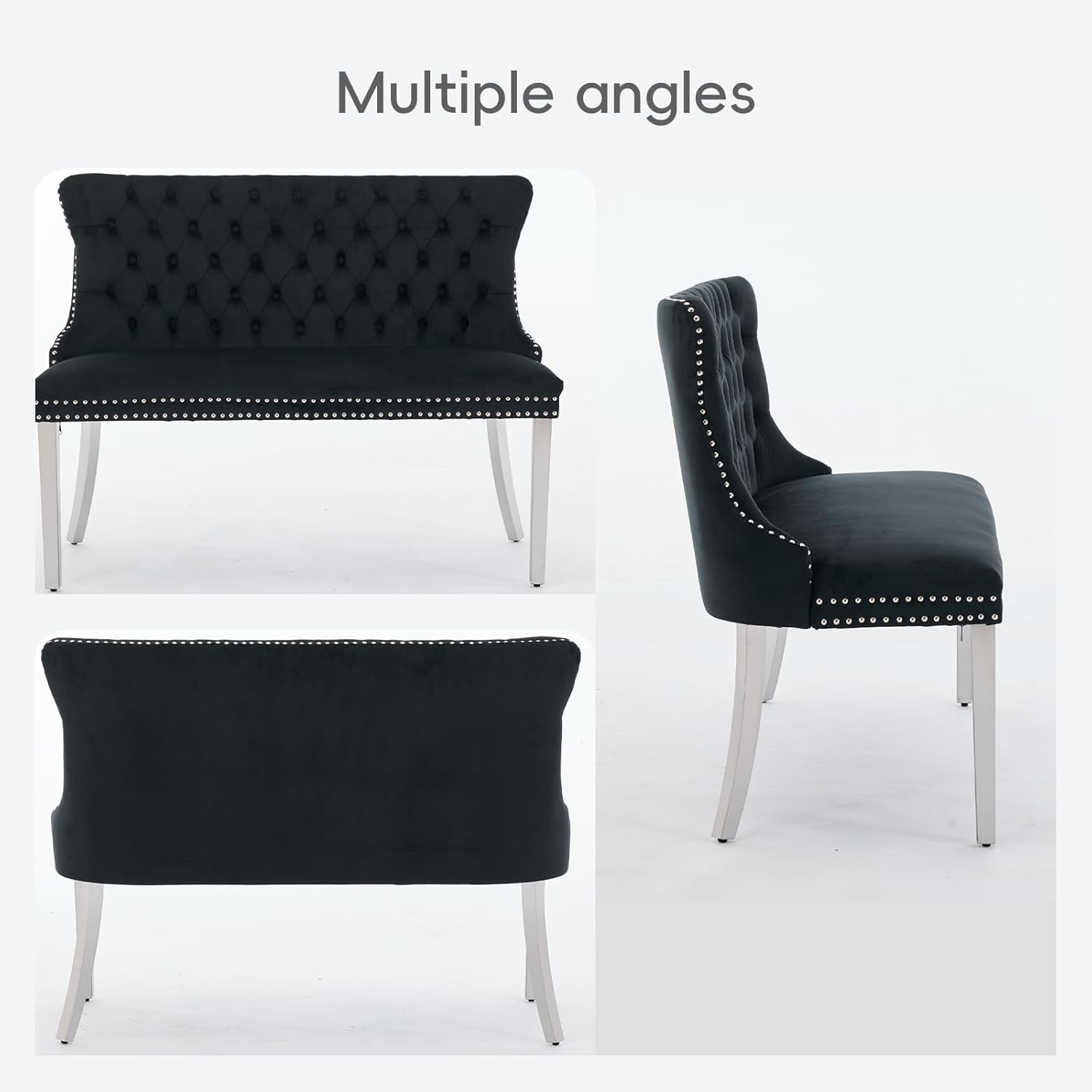 Velvet Double Dining Loveseat Bench with Wing Back, Tufted Upholstered 2-Seat Design,Silver Stainless Steel Legs, Modern Mid-Century Accent Seating for Dining Room, Kitchen, or Entryway (Black)