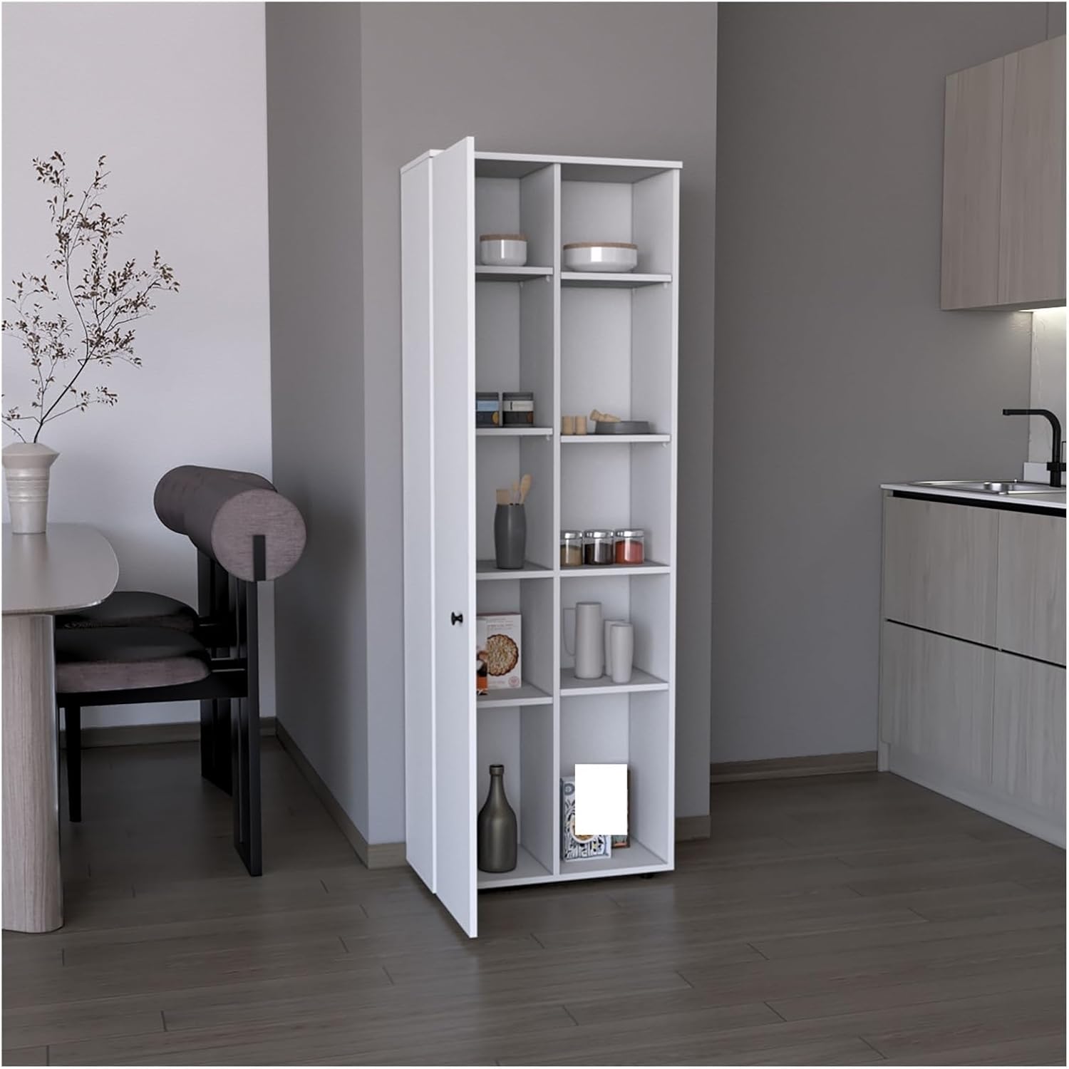 67" H Kitchen Storage Cabinet with One Door, Five Interior Shelves and Five Exterior Shelves,White,for Kitchen