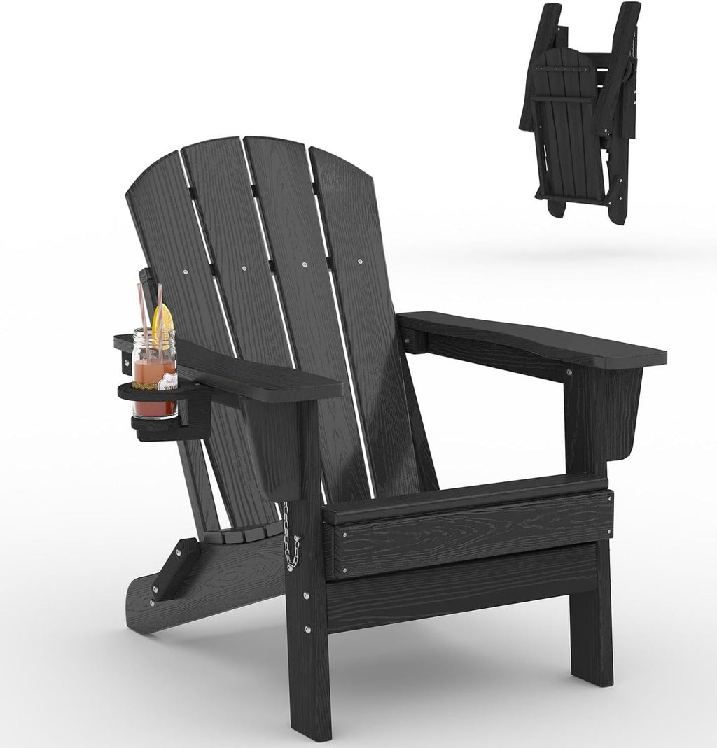 Garvee Folding Adirondack Chair, HDPE Outdoor Patio Chair with Cup Holder, All Weather Resistent Wooden Textured for patios, Decks, Gardens, fire Pit, Black