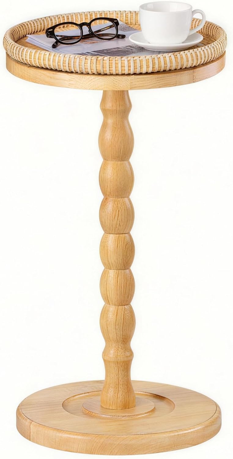 Small Side Table, Rubberwood‌ Drink Table Rattan Round Side Table, Rubberwood‌ Small Drink Table