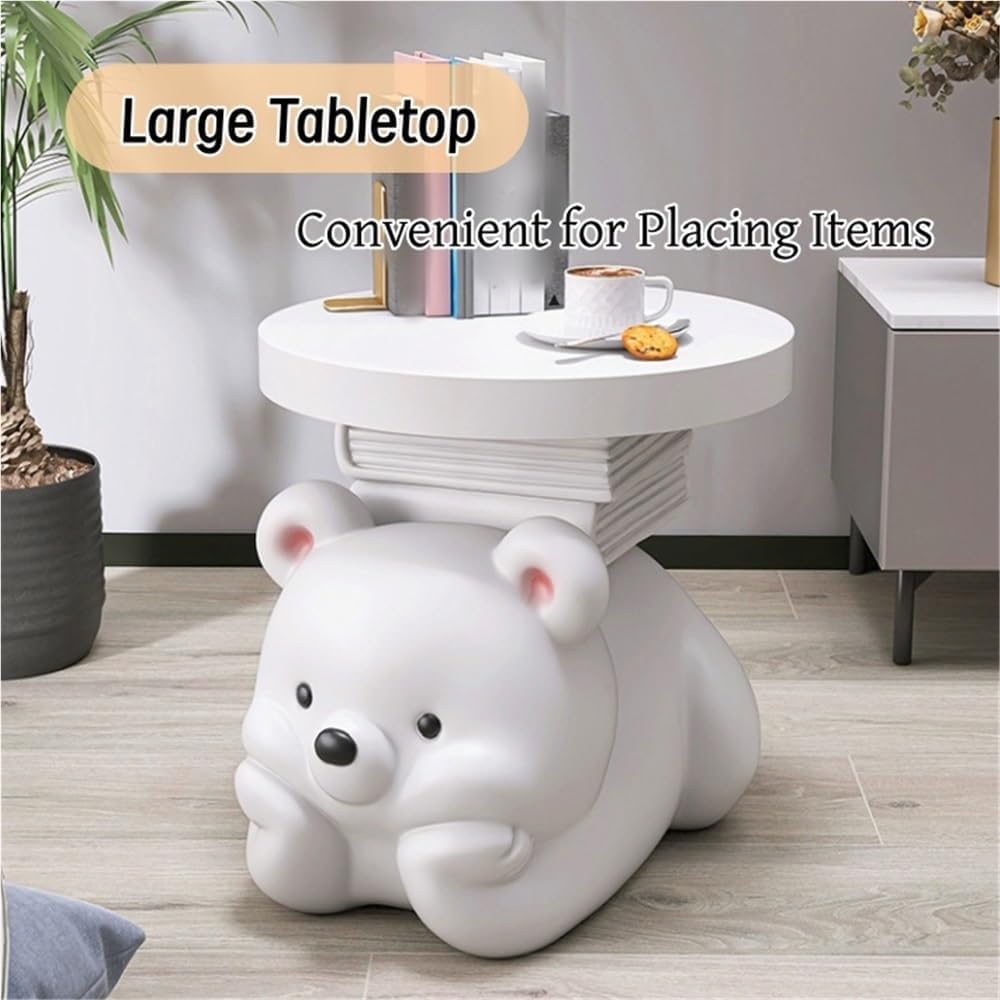 Cute Round Side Table, Colorful Resin Bear Nightstand, Minimalist Coffee Table, Decorative Sofa Table, Modern End Table for Living Room, Bedroom(White)