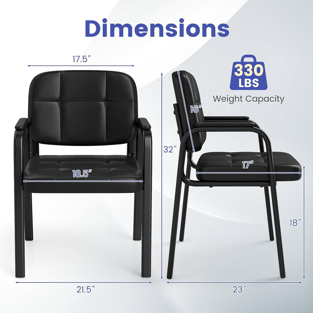 Giantex Waiting Room Guest Chairs Set of 2, Leather Office Reception Chairs with Padded Armrests, Metal Frame, Stationary Side Chairs No Wheels for Conference Meeting Lobby Home, Black