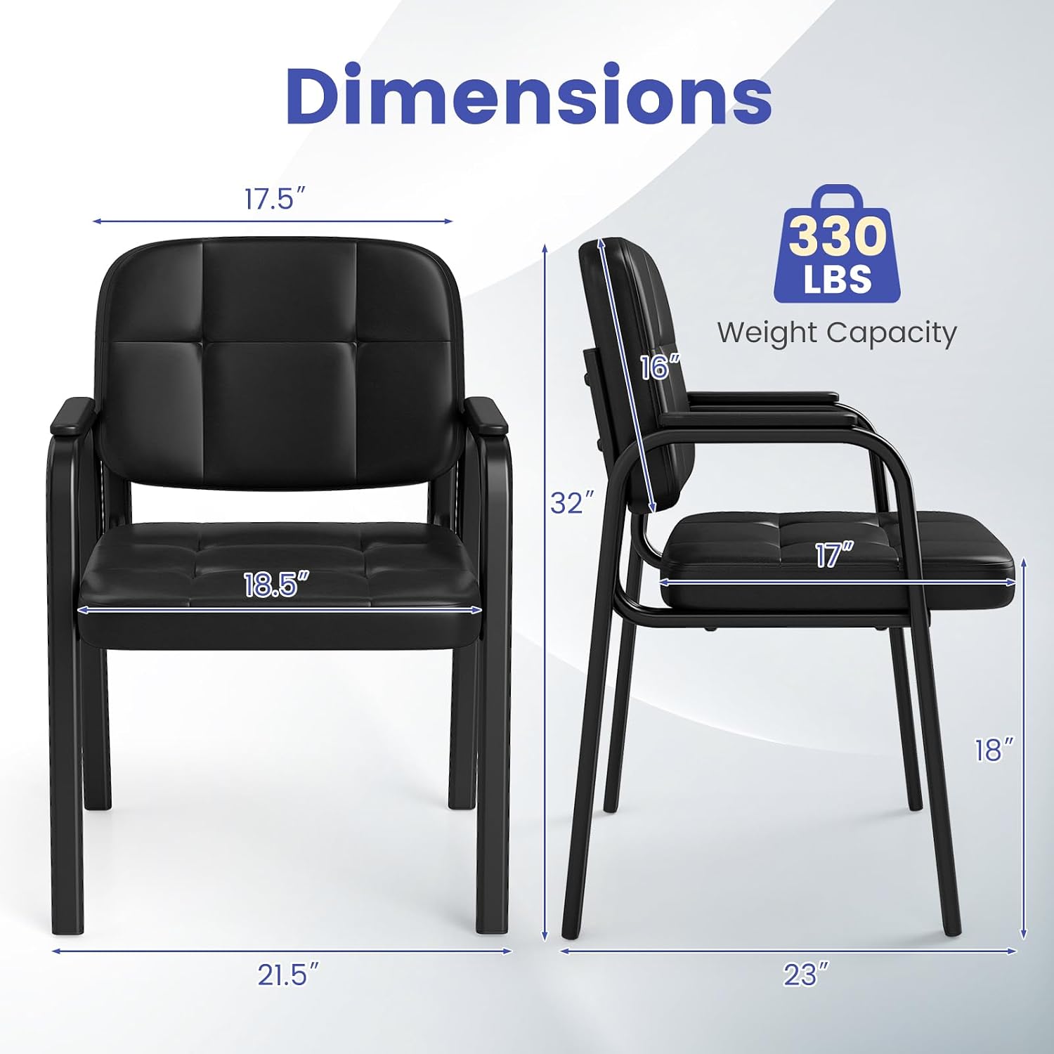 Giantex Waiting Room Guest Chairs Set of 2, Leather Office Reception Chairs with Padded Armrests, Metal Frame, Stationary Side Chairs No Wheels for Conference Meeting Lobby Home, Black