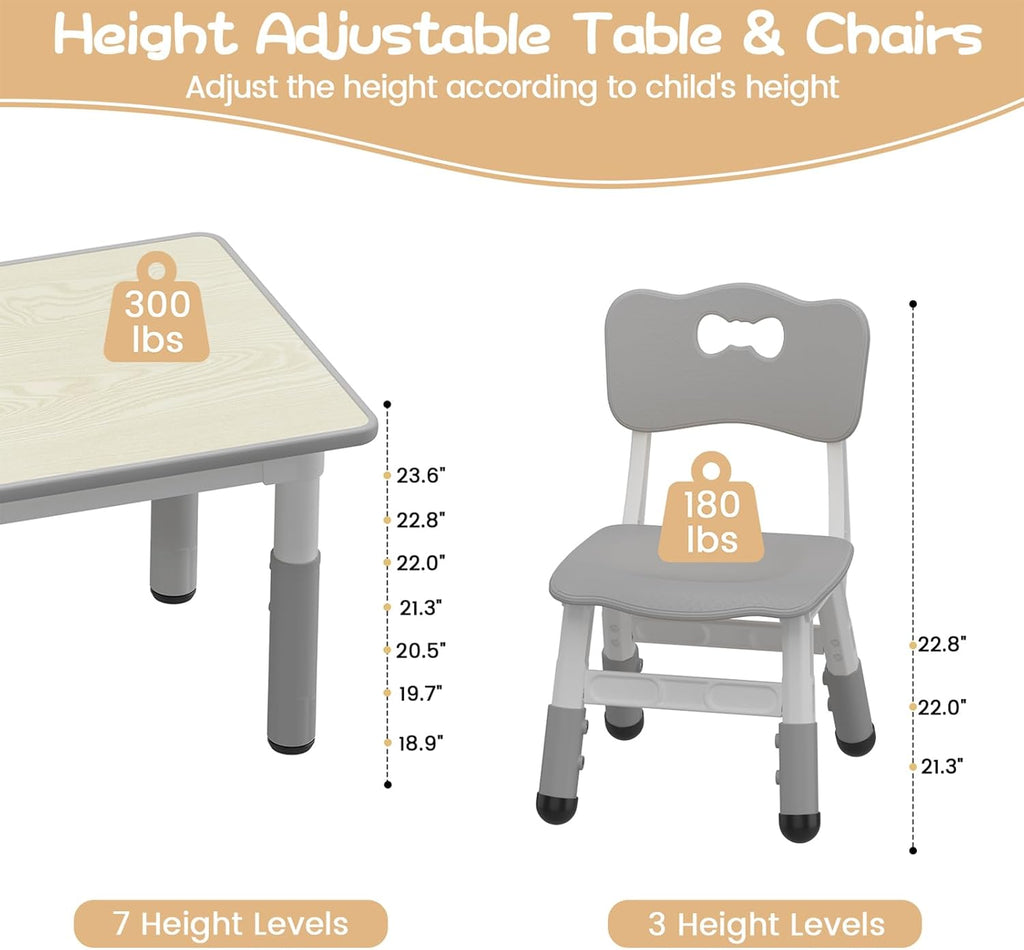 GAOMON Kids Table and 6 Chairs Set, Height Adjustable Toddler Table and Chair Set for Ages 2-10, Graffiti Desktop, Non-Slip Legs, Children Activity Table for Daycare Classroom Home