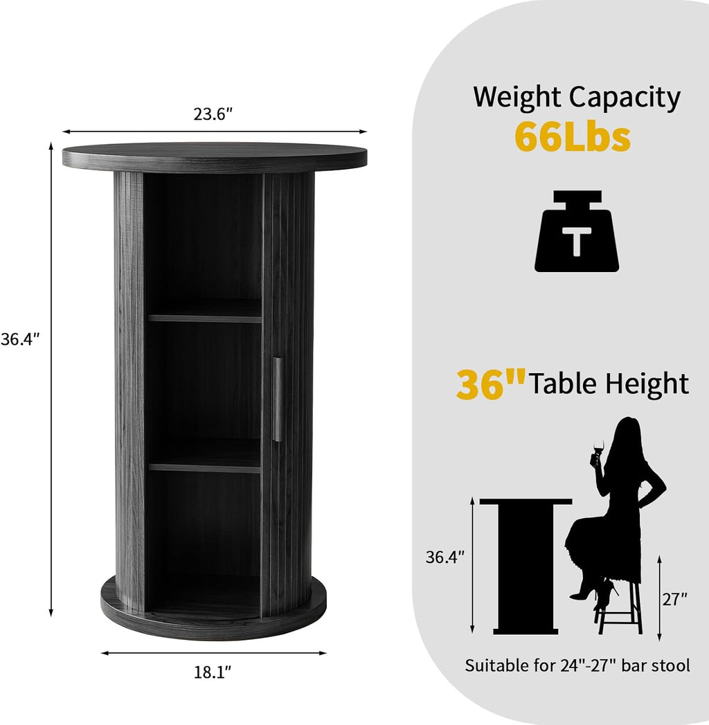 Round Bar Table with 3-Tier Hidden Storage Shelves Slide Door, 36.4'' High Top Bistro Table Cocktail Table for Small Bars, Dining Room, Living Room (Black)