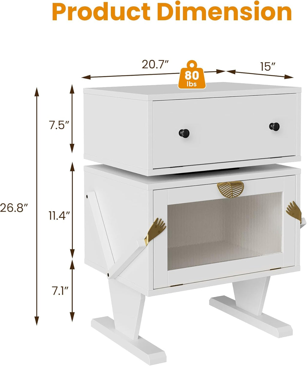 May in Color End Table with LED Light Strips, Creative End Table with Storage, Wood Night Stand Cabinet, Modern Bedside Table with 360° Rotating Drawer for Living Room, Bedroom, Nursery, White