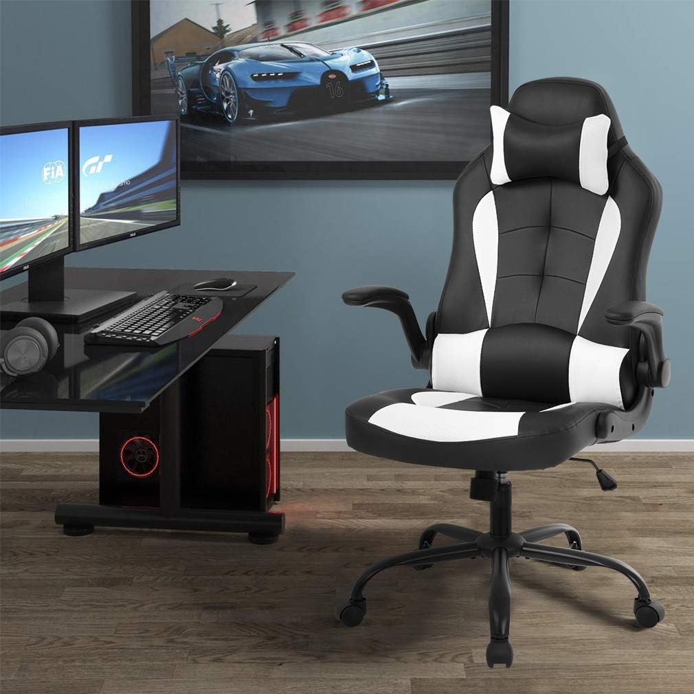FDW Gaming Chair Racing Style Office Chair High Back Desk Chair Executive PU Leather Rolling Task Swivel Computer Chair with Lumbar Support Headrest, White