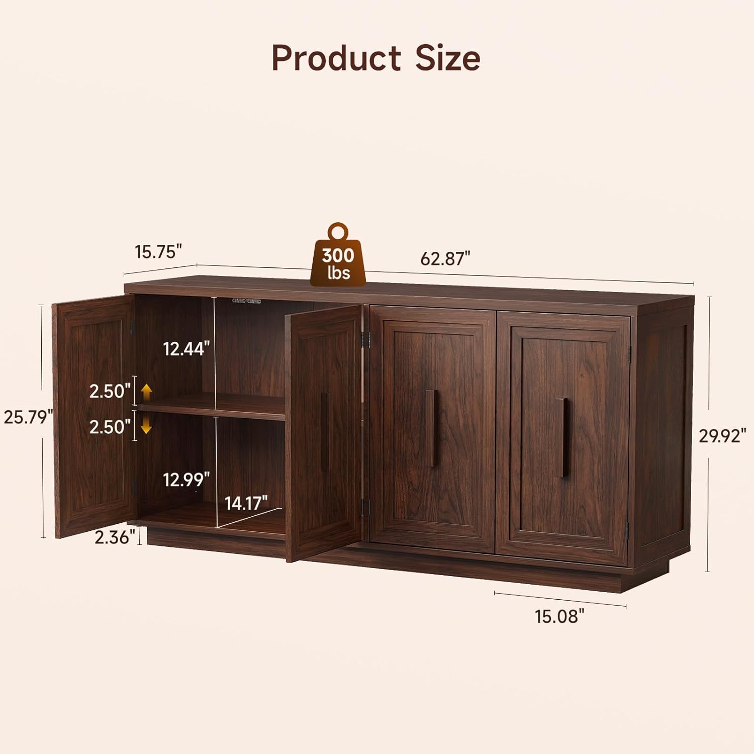 ONBRILL 63 Inch Sideboard Buffet Cabinet with Storage, Large Coffee Bar Cabinet with 4 Doors, Adjustable Shelves, Credenza Storage Cabinets for Kitchen, Living Room, Entryway, Dark Walnut