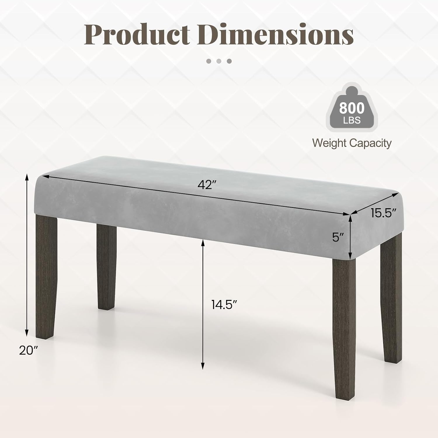 Giantex 42" Upholstered Dining Bench with Velvet Padded Seat, Rubber Wood Legs, 800 Lbs Capacity, Entryway Bench for Bedroom End of Bed, Dining Room, Hallway, Living Room, Kitchen (Grey, 1-Pack)
