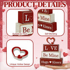 4 Pcs Valentine's Day Decorations, Wooden Valentines Decor for Home Table with Stacked Blocks & Heart Accent, Galentines Day Deco for Tiered Tray Farmhouse Shelf Mantle Home Office