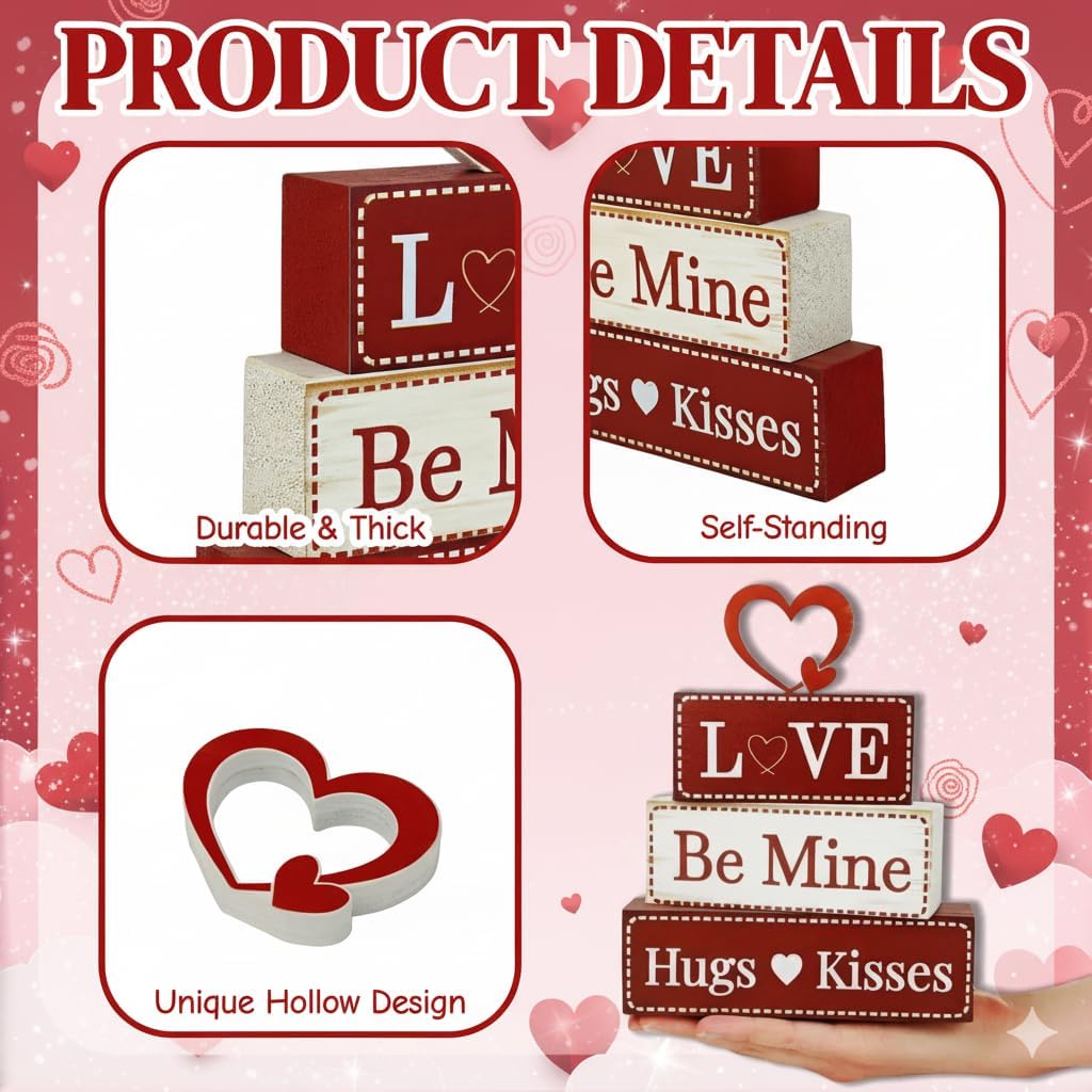 4 Pcs Valentine's Day Decorations, Wooden Valentines Decor for Home Table with Stacked Blocks & Heart Accent, Galentines Day Deco for Tiered Tray Farmhouse Shelf Mantle Home Office