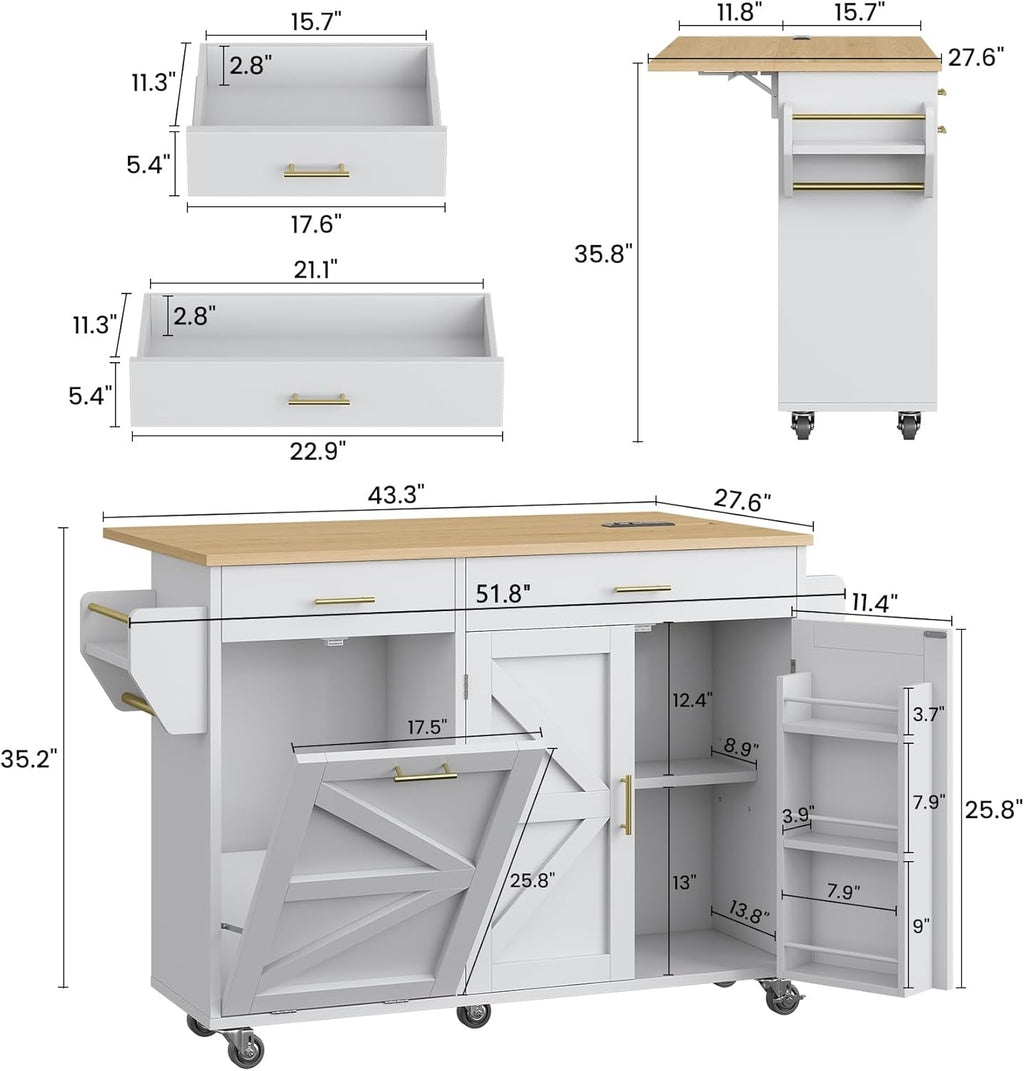 VVFLU 51.8" Kitchen Island Cart with Trash Can Storage, Kitchen Island on Wheels with Power Outlet & Drop Leaf, Rolling Kitchen Cart with Towel Rack & Spice Rack, Mobile Islands Table for Kitchen