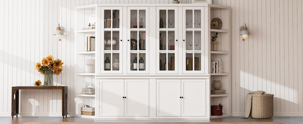 roomfitters 75.25'' Pantry Cabinets with Triangle Bookshelves, Retro Wall Storage Unit with Glass Doors for Living Room, White