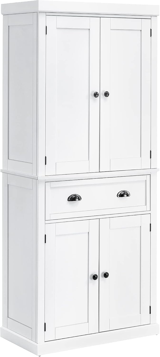 72" Freestanding Kitchen Pantry Cabinet, Tall Storage Cabinet with 2 Door Cupboards, Drawer and Adjustable Shelves, White,16 * 30 * 72.5