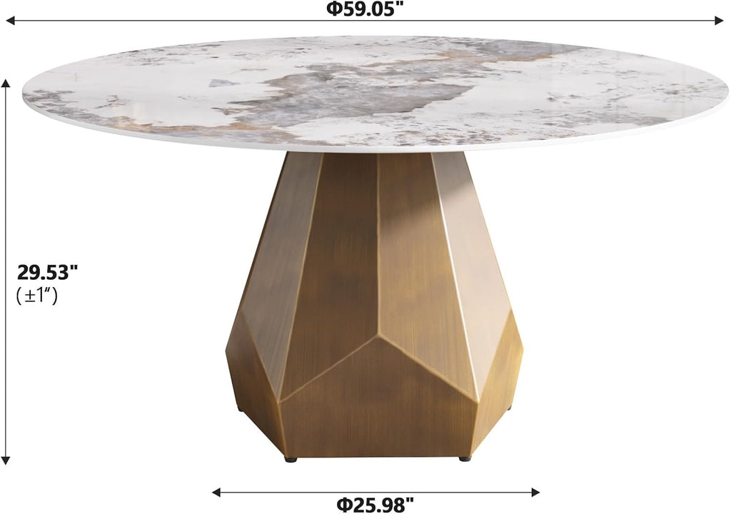 59.05" Round Marble Dining Table with Metal Base, Artificial Marble for 6-8 People, Dining Room/Living Room Kitchen Dining Table
