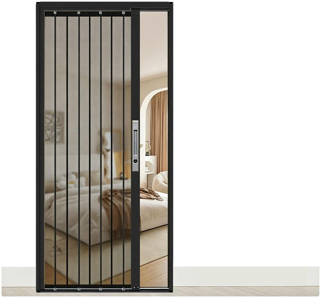 Bedroom Folding Door with Aluminum Frame, Retractable Door with Stainless Mesh Panel, Accordion Door for Front Entrance Balcony Home Use(Black,95x200cm(37x79in))