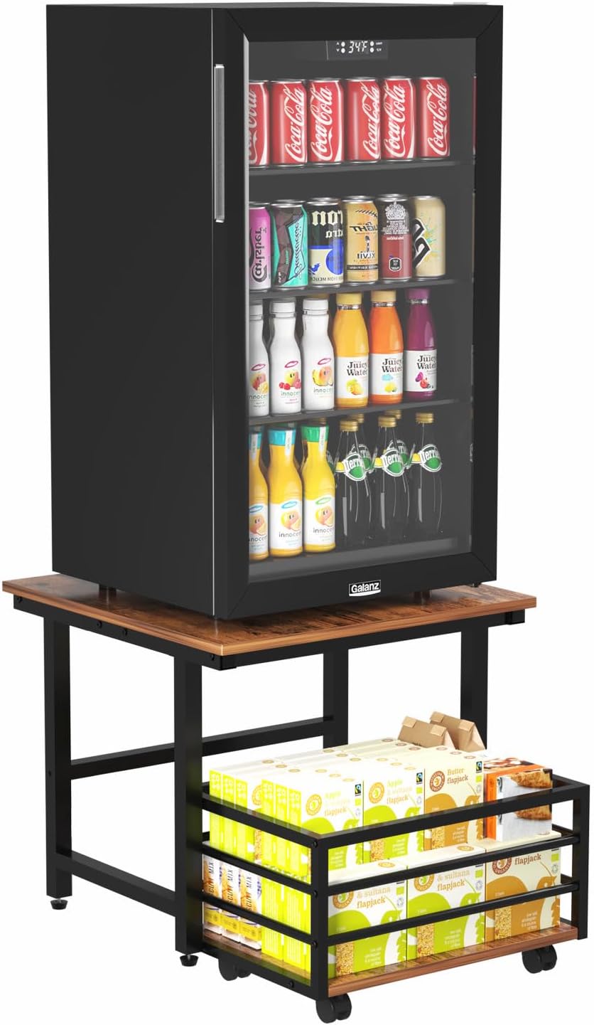 EYOCAL Mini Fridge Stand with Pull-Out Basket, 19.7" x 19.7" Large Tabletop Heavy Duty Stand with Adjustable Feet & Wheels, for Kitchen, Dorm, Office, Rustic Brown and Black