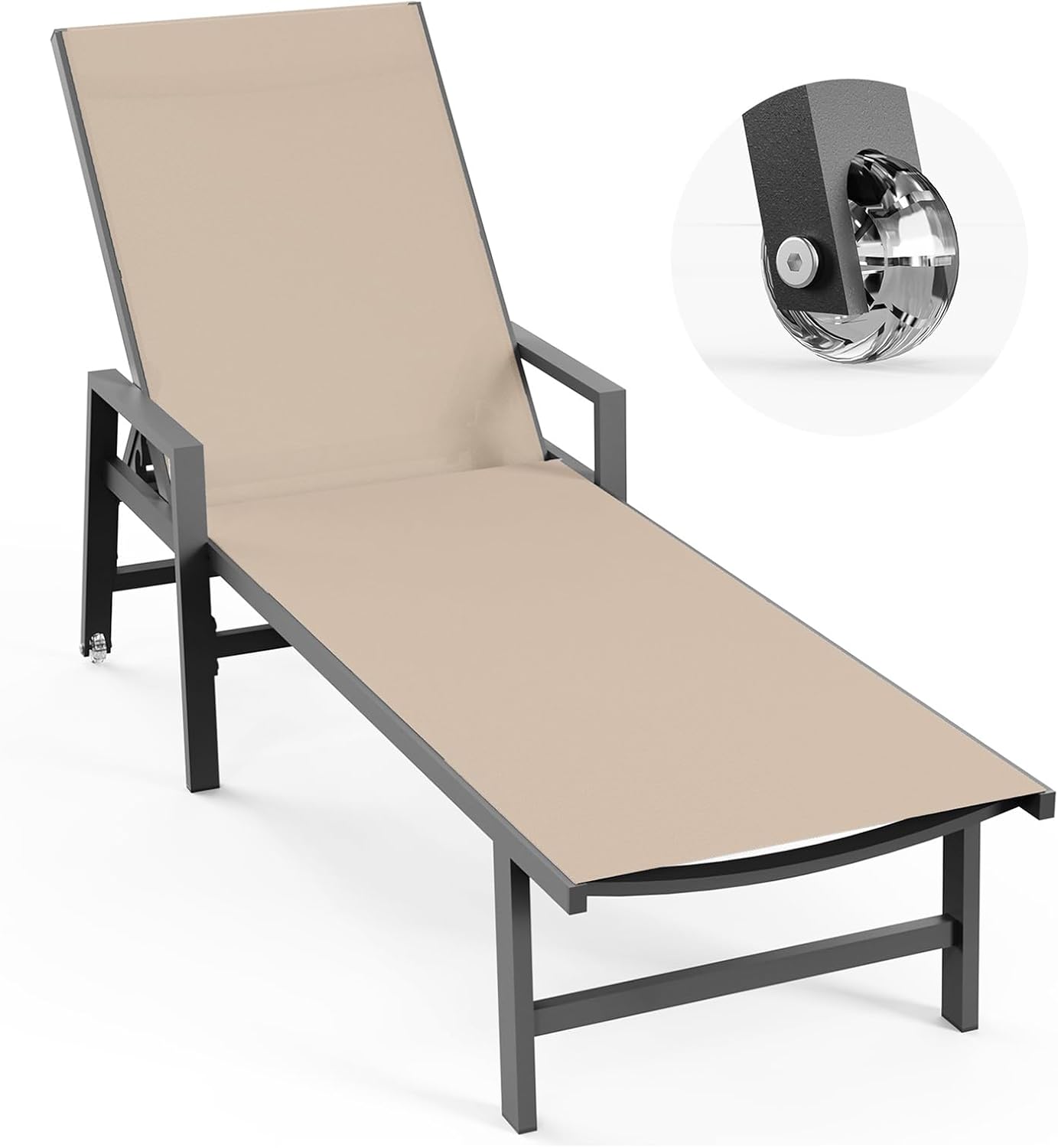 Vexwalx Patio Chaise Lounge Chair Outdoor with Wheels&Armrests, Aluminum Pool Lounge Chairs 5-Position Adjustable Recliner, Outdoor Beach Lounge Chairs for Outside, Patio, Deck, Yard, Khaki