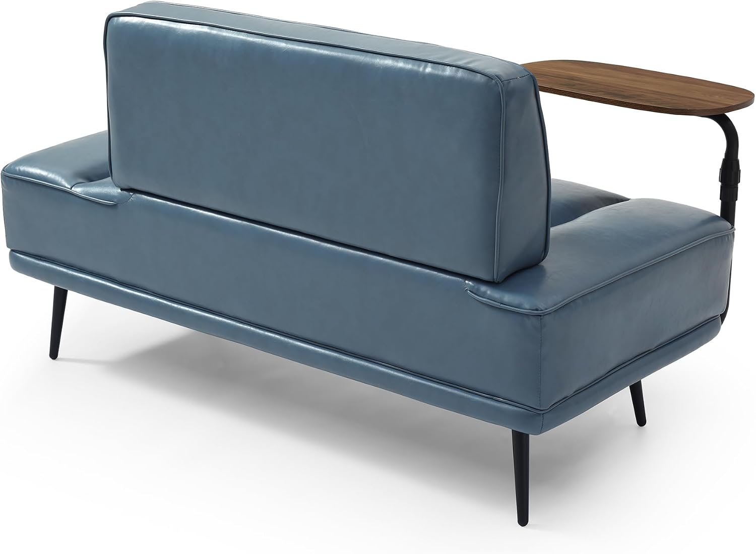 Waiting Room Bench Seating with 360-Degree Swivel Tray,Salon Reception Bench,Guest Lobby Chair,Beauty Barber Furniture,PU Upholstered Couch with Metal Legs and Backrest (PU with Tray, Grayish Blue)