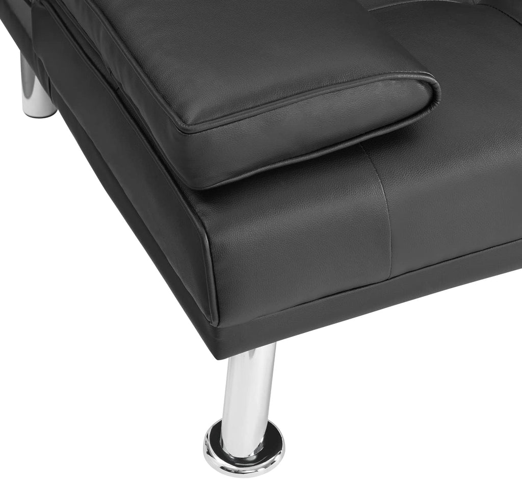 Naomi Home Compact Convertible Futon Sofa Bed – Modern Faux Leather Sleeper Couch for Small Spaces, Apartments & Dorms – Adjustable Lounger with Cup Holders & Removable Armrests, Black