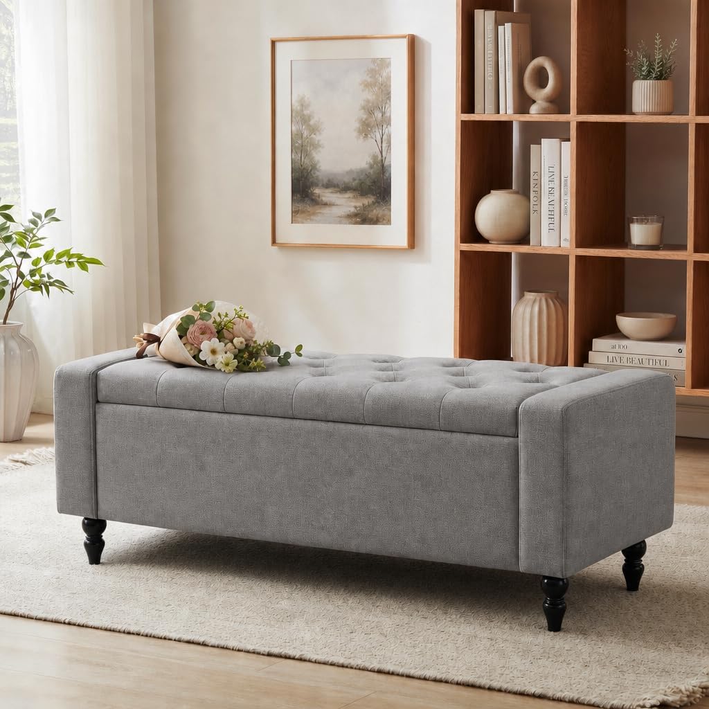 Storage Bench for End of Bed, 47 Inch Upholstered Storage Ottoman Bench with Removable Lid, Diamond Tufted Hidden Storage Bench for Bedroom, Entryway Bench with Solid Wood Legs, Gray