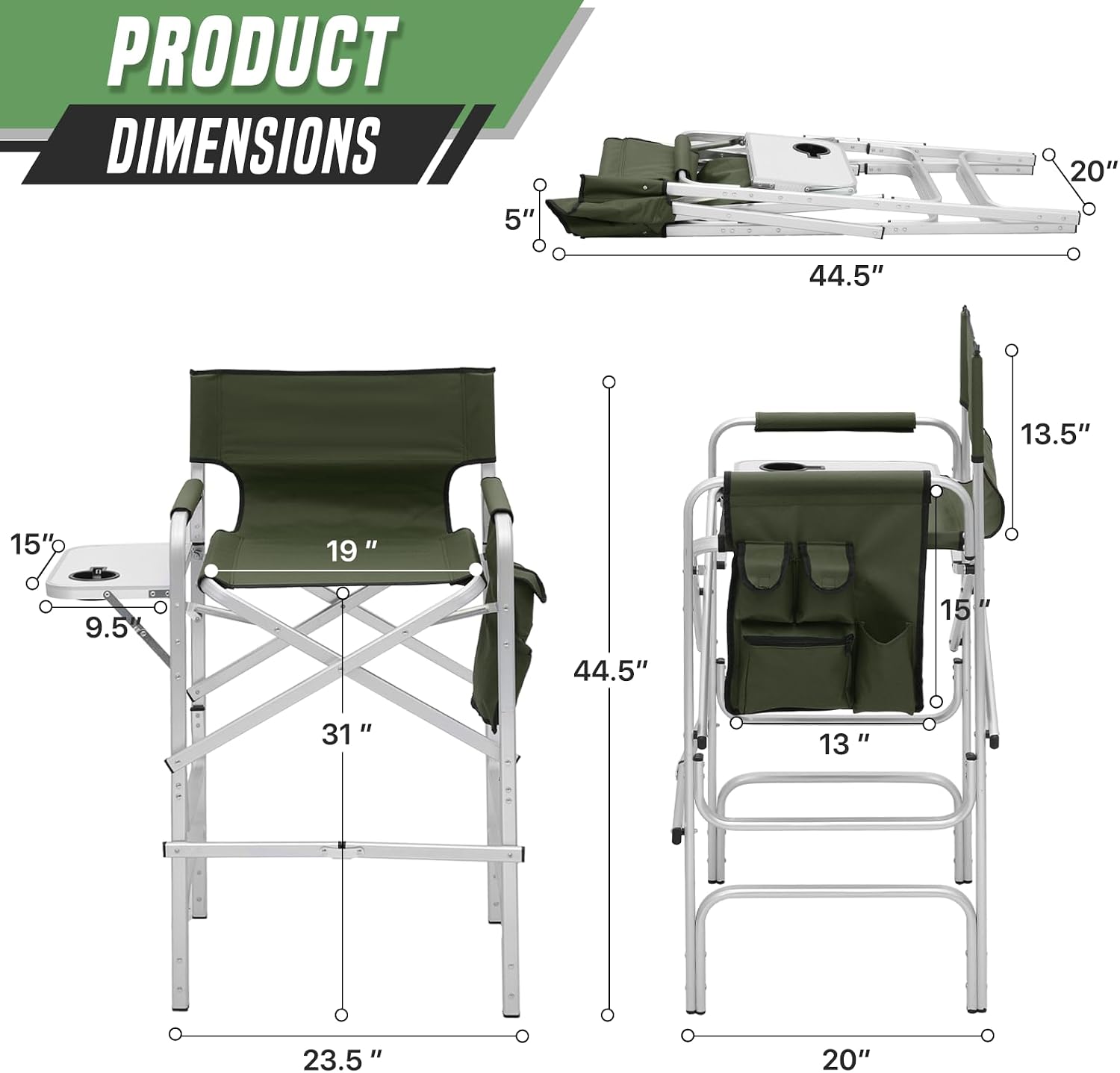 Directors Chair, 31“Tall Foldable Camping Chairs, Folding Aluminum Frame Vanity Chair, Makeup Artist Chair, Portable Camping Chair with Side Table, Cup Holder and Pockets, 250lbs Capacity (Green)