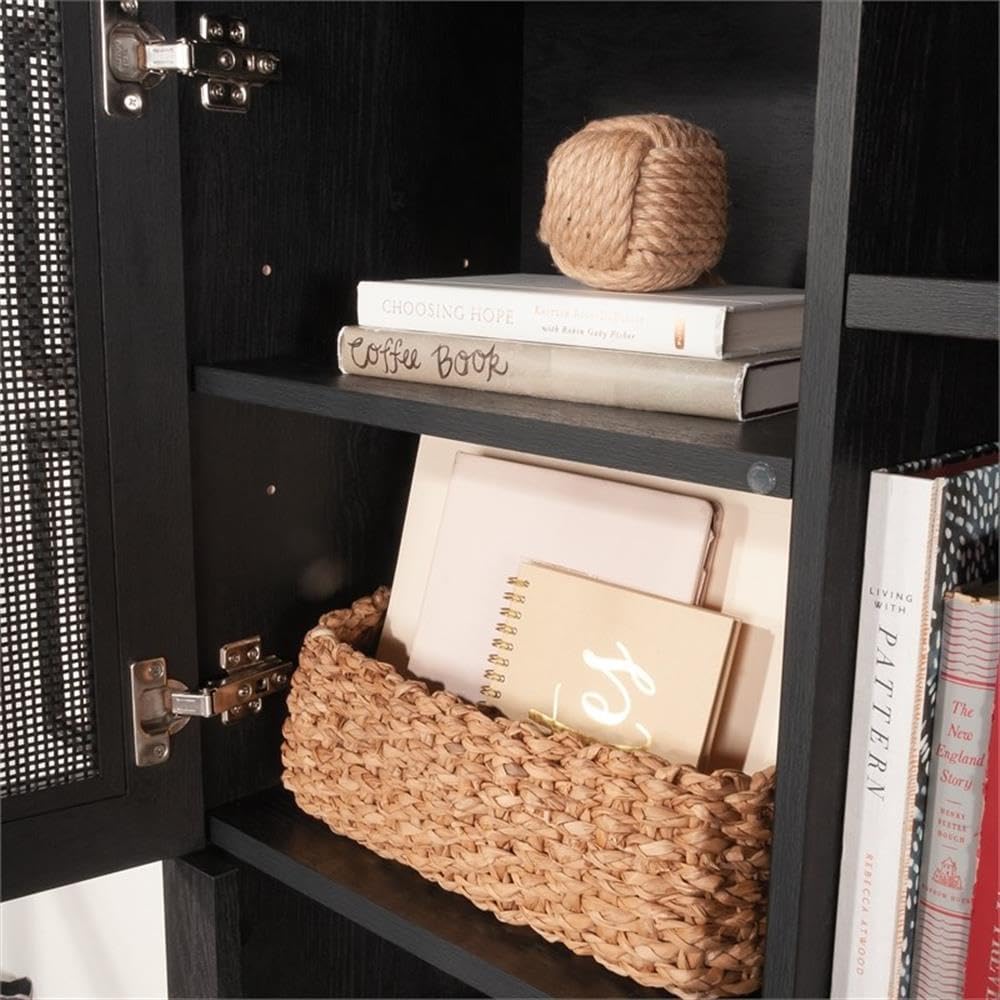 Pemberly Row Large Coastal Engineered Wood Hutch, Raven Oak Finish, 42 in x 66 in x 11 in, Adjustable Shelves, Rattan Doors, Cord Management, Office Storage Attachment for Desk or Credenza